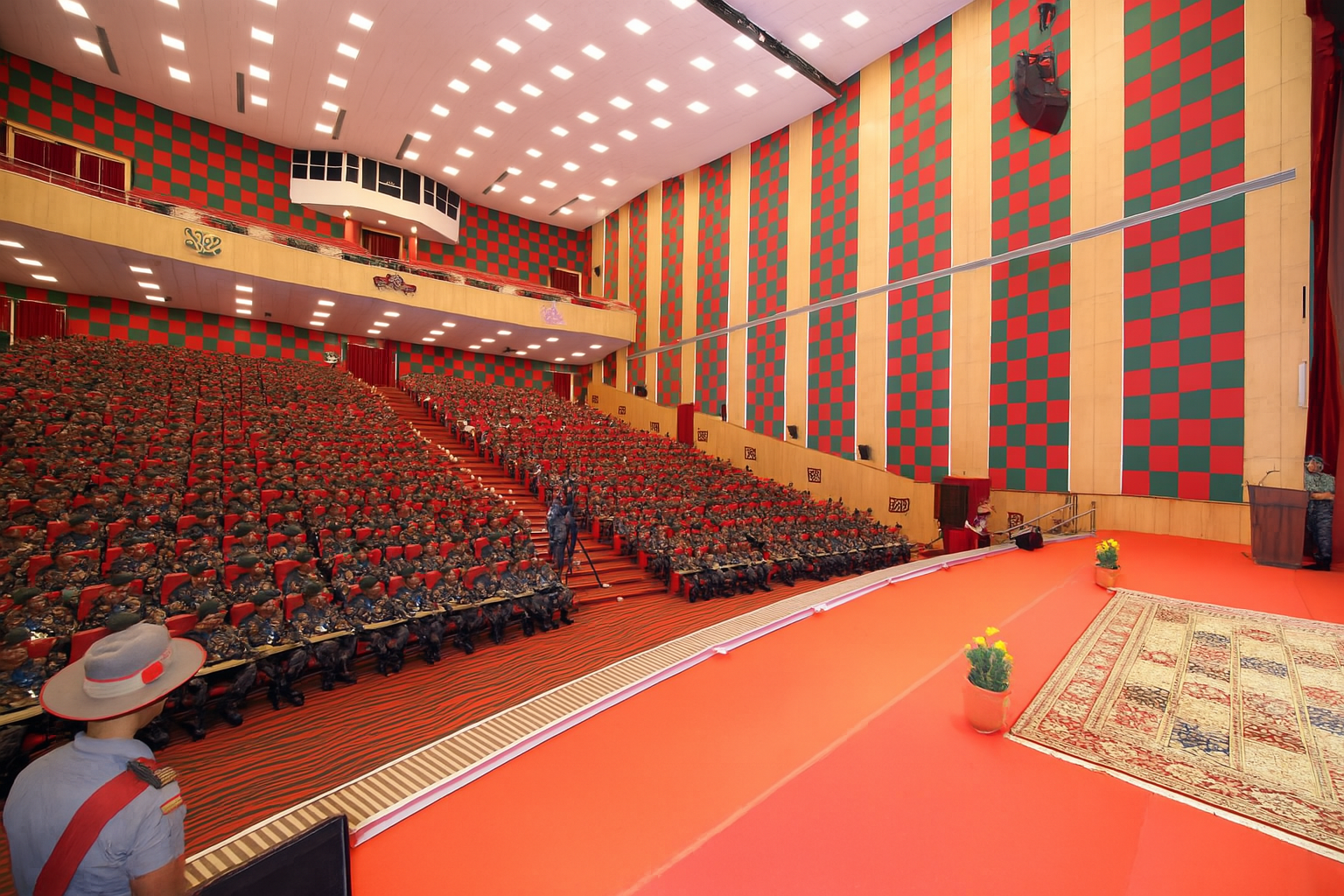Auditorium acoustic treatment rear wall with fabric wrapped panels at [Project 1]